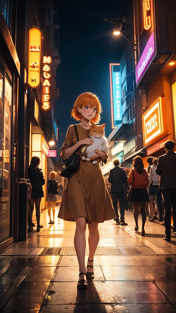 The young lady, dressed stylishly in her brown dress, walks towards a beautifully lit cinema hall with a large board that reads "Pet-Friendly Cinema." She holds the orange fluffy cat in her arms, while the orange tabby kitten peeks out from her handbag. The background is bustling with people, some snapping photos, captivated by the sight of the cats. The theater exterior is adorned with colorful lights and posters, giving a festive and welcoming vibe. The image captures the anticipation and excitement of a special night out.