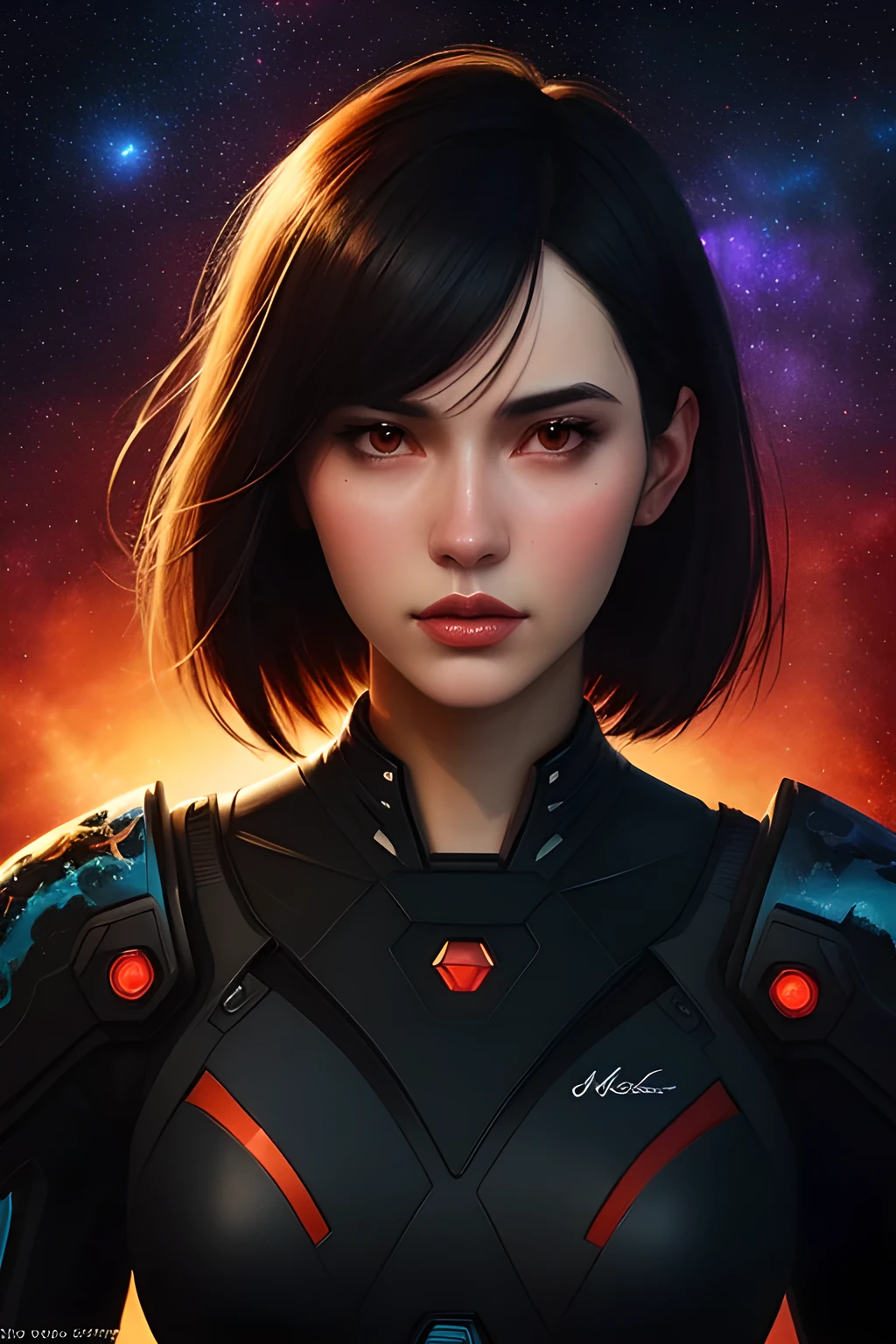upper-body illustration, portrait, 1girl, black hair, bobcut, futuristic space suit, (digital art), watercolor ink, (ultra quality:1.3), masterpiece, (highly detailed), HDR, 8K, abstract art, (by Charlie Bowater:0.9), (style of Maciej Kuciara), sci-fi, fractal stars, space, amazing space background, red theme, black theme, (depth of field), sharp focus, diffused lighting, backlighting, soft shadows, mixed media, trending on deviantart, award winning art