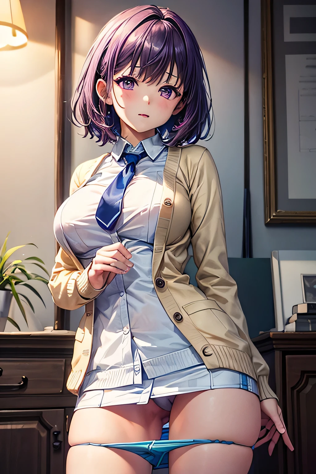 (Very detailed CG Unity 8K 壁紙),(masterpiece), (Highest quality), (Very detailed), (Best illustrations),(Best Shadow), Large Breasts,,Purple eyes and very short purple hair,,White blouse,Blue tie,Checked mini skirt(Put your panties down),beige cardigan,Dynamic Angle