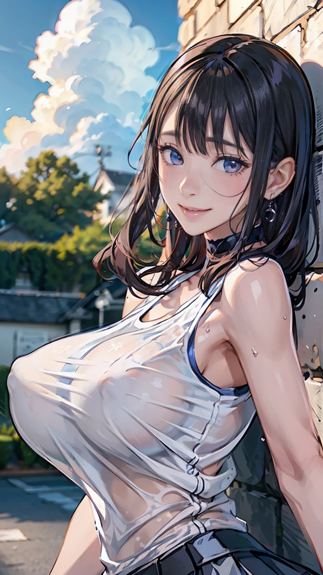 ((((highest quality)))), (((Ultra-precision CG 16K))), (((masterpiece))), (((Very detailed))), (((Extremely detailed))), (((Black outline:1.3, Written boundary depth:1.3 , Written soft outline))), Maximum clarity and sharpness,Multilayer Texture, Surface Shading, Cinematic lighting, Beautiful details sparkle ,Perfect Proportions, Limited to three woman, BREAK accurate, Anatomically correct, Highly detailed face and skin texture, drawn in detail, Highly detailed facial and skin texture, Detailed eyes, beautiful hair, Beautiful Japanese Idol face, Beautiful and beautiful eyes, Beautiful body, Beautiful breasts, Beautiful thighs, Beautiful legs, Beautiful fingers, (Beautiful views) , skinny body, ((Beautiful Skin)), ((Skin Texture)) BREAK breast enlarged, medium Breasts, rocket breasts, (((perky breasts))), (covered nipples), slender waist, (smiling , narrow eyes, blush, determined expression, hot, sweaty , Heavy breathing,) BREAK (((wearing oversized character printed sexy tank top,  wearing outfit in casual way, wearing pleats mini-skirt, breasts is covered by outfit))) , wearing earrings, BREAK ( stick breast out),(((looking at viewer, super detailed background , cumulonimbus of summer sky, high school student leaning against wall , from random angles ))),