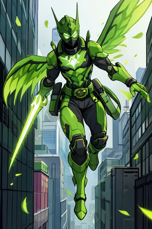 ((best quality)), ((masterpiece)), (detailed), 1 male, full body, 25 years old, masked, lemon green mask covering his entire head, smooth head, mask covering his mouth, 1 small crest on his head, oxygen mask, angry expression, black collar, tall and strong, very athletic, green fly wings, grey details, green fingerless gloves, green wrist guards, lemon green nanotech suit resembling light armor, lemon green chest with an emblem, orange fly emblem on his chest, fly, green pants, green knee pads, metallic green boots, orange superhero belt, flying around a building, city background, anime