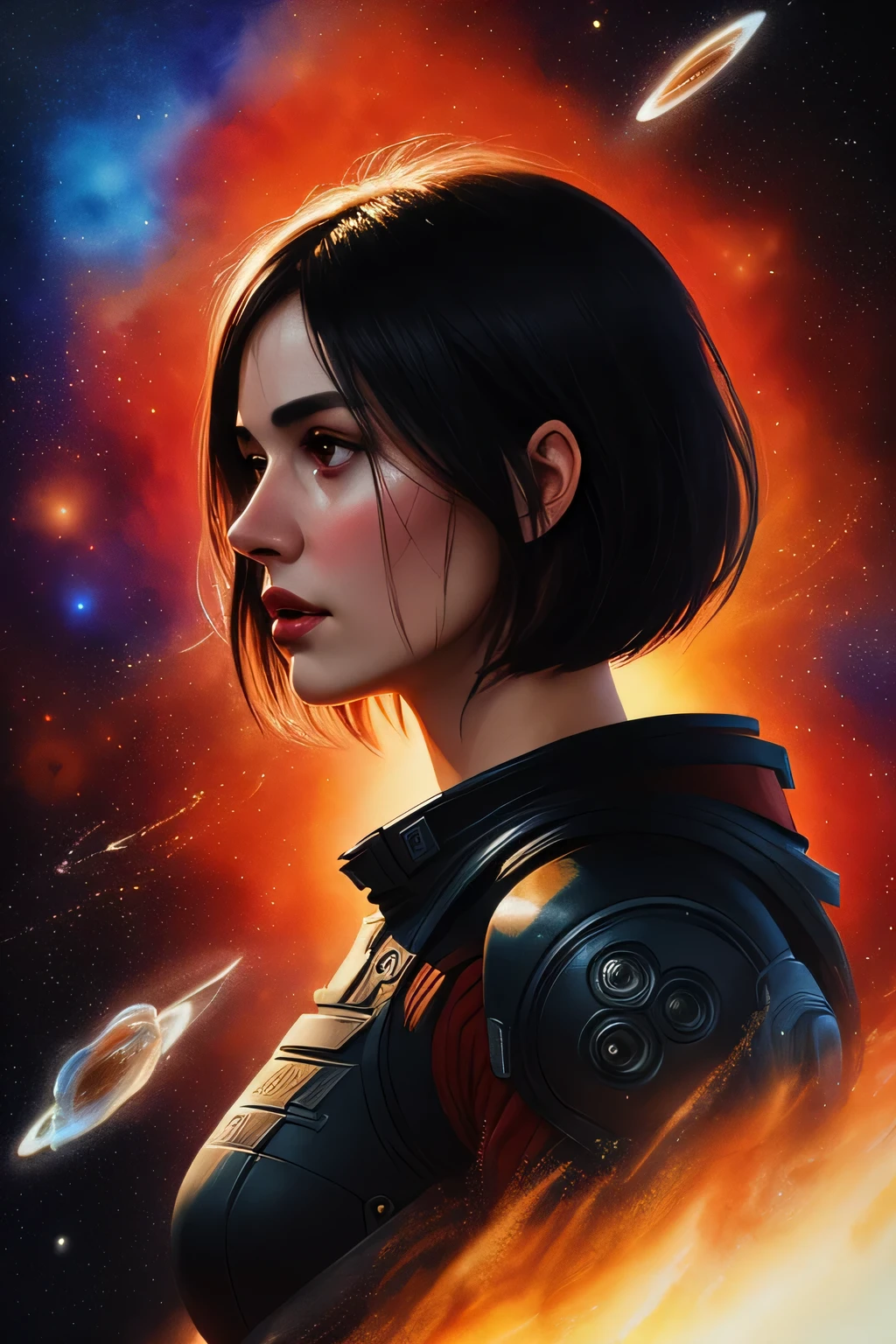 upper-body illustration, portrait, 1girl, black hair, bobcut, futuristic space suit, (digital art), watercolor ink, (ultra quality:1.3), masterpiece, (highly detailed), HDR, 8K, abstract art, (by Charlie Bowater:0.9), (style of Maciej Kuciara), sci-fi, fractal stars, space, amazing space background, red theme, black theme, (depth of field), sharp focus, diffused lighting, backlighting, soft shadows, mixed media, trending on deviantart, award winning art