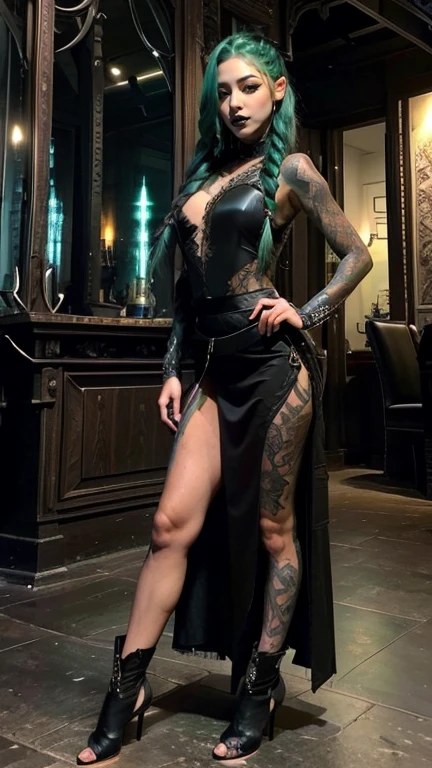 High, ultra detailed photograph of a tall Asian-Irish mixed race woman with long legs and freckles, Woman hairstyle three wild long braids and the sides of the head shaved bald, Clothing Bioluminizerrent, Women clothing in gothic style mixed with Asian style, consisting of a lace shirt in jade green and a black leather bodice and a long maxi wrap skirt in black with jade green embroidery and high heel boots, Woman has many clear tribal tattoos, Model posing with full body, dances frontally in front of the camera and looks into the camera, Photo background of a gothic bar at night with low light, hair color black and green