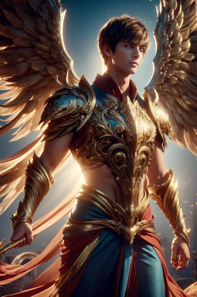 WINGED MAN, SAINT MAN, short fringe HAIR, BROWN HAIR, HUGE BROWN FEATHERS, LONG BLUE DRESS, PALE SKIN, BLUE EYES, LIGHTING EYES, ROSY CHEEKS, MENTAL FORAMEN, ATHLETIC BODY, MUSCLES, LIGHTING AURA, GOLD BRACELETS, GOLD GAUNTLETS, BACKLIGHTS, SUN, RIVER, SAINT MAN, FRONT BODY VIEW, ANGEL FROM HEAVEN