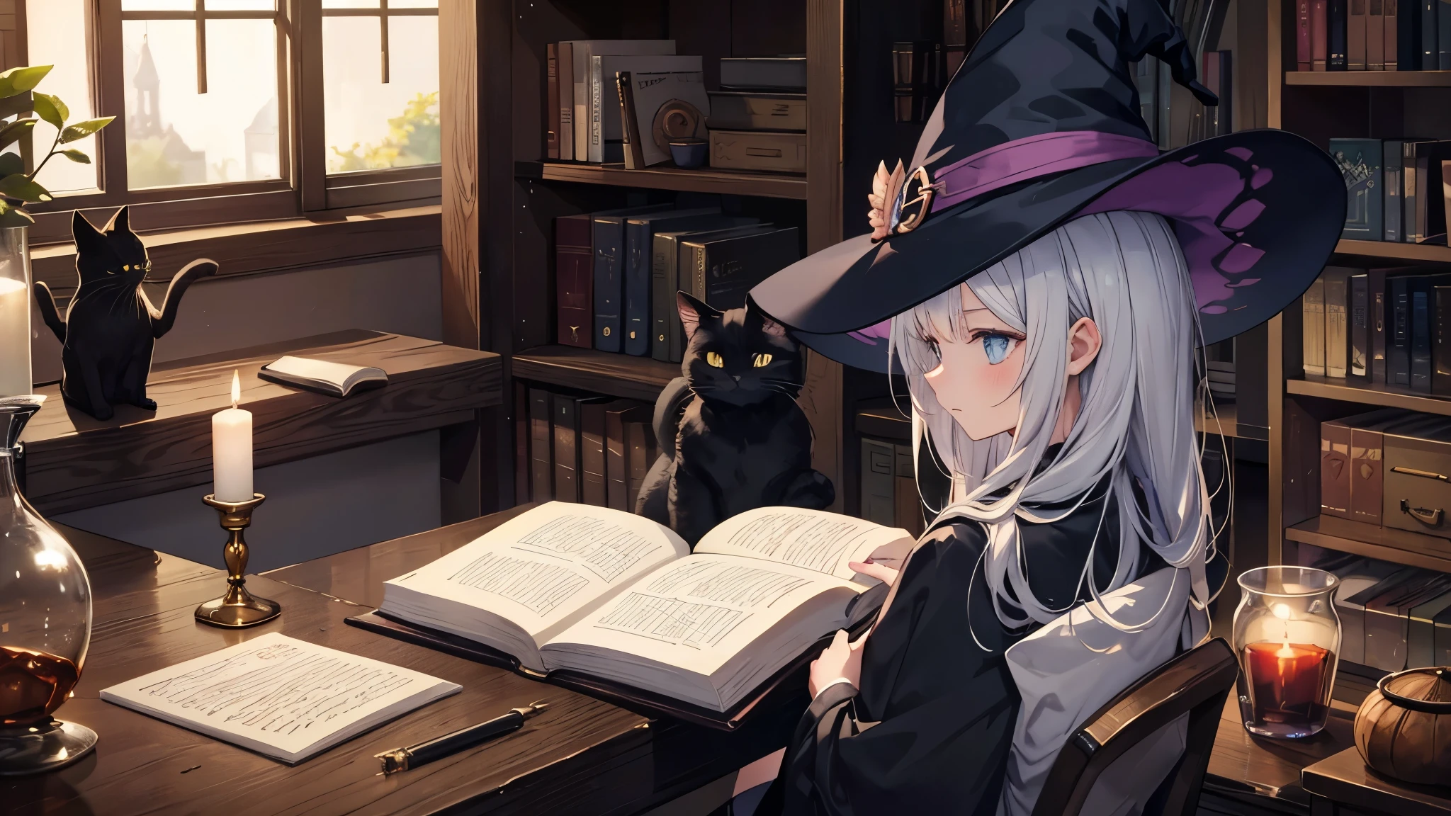 Witch apprentice girl,Conducting magical experiments.The room is filled with pots and flasks.,Books and other things are scattered around.A black cat is looking at a girl.The girl is reading a book.The book is on the desk.
