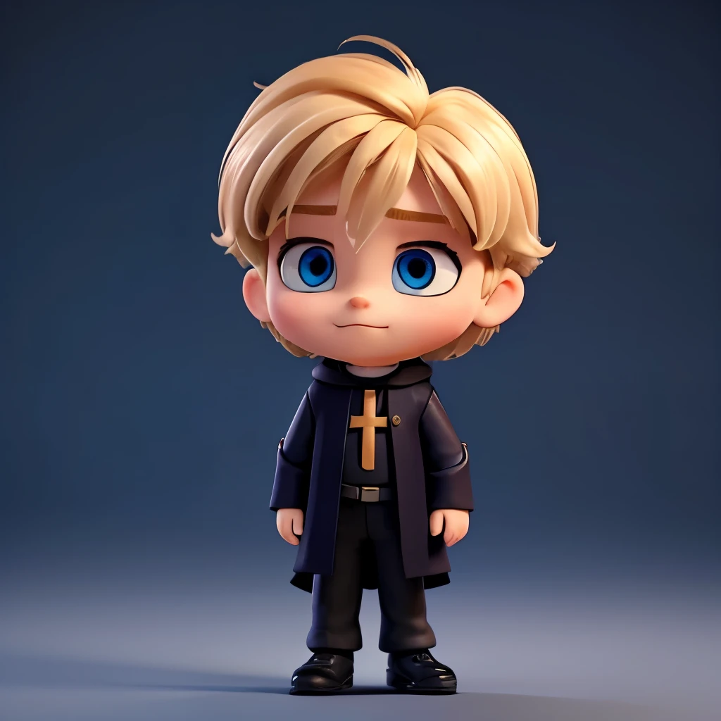 Create blond children with combed hair and big blue eyes dressed in black priest clothing, Ben is 8 years old and he is alone in the picture