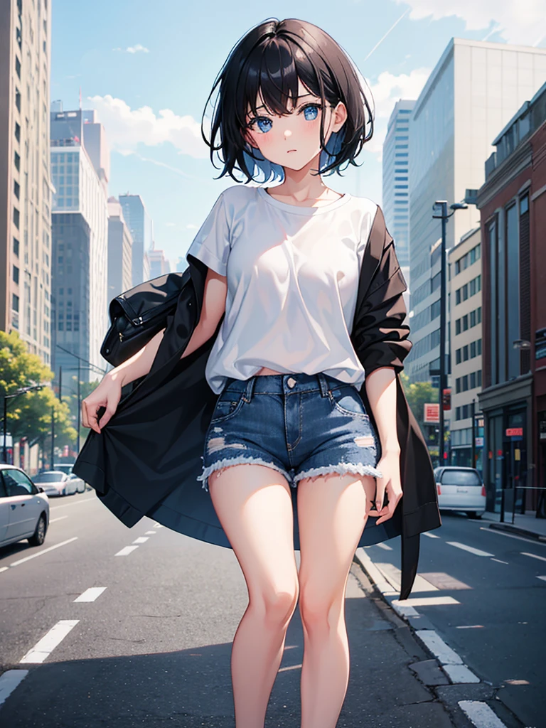 1girl, short black hair, blue eyes, wearing plain white shirt, denim shorts, city, absurdres, high res, ultrasharp, 8K, masterpiece, looking at viewer