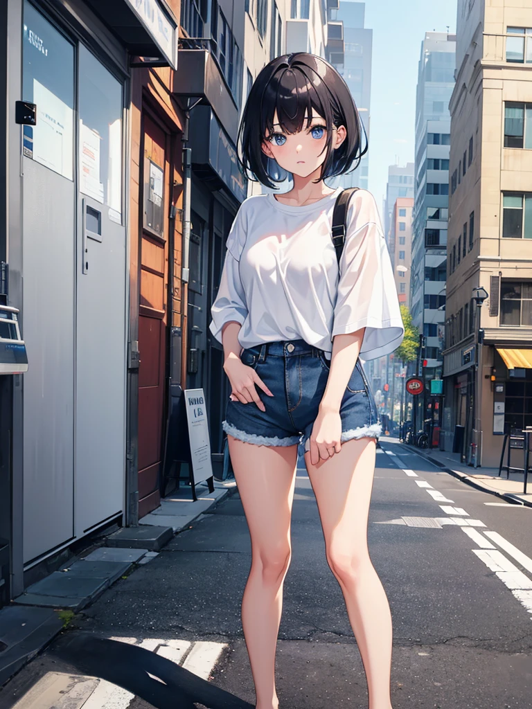 1girl, short black hair, blue eyes, wearing plain white shirt, denim shorts, city, absurdres, high res, ultrasharp, 8K, masterpiece, looking at viewer