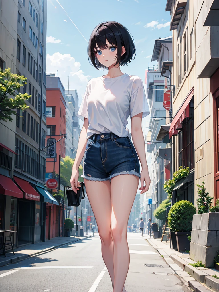 1girl, short black hair, blue eyes, wearing plain white shirt, denim shorts, city, absurdres, high res, ultrasharp, 8K, masterpiece, looking at viewer