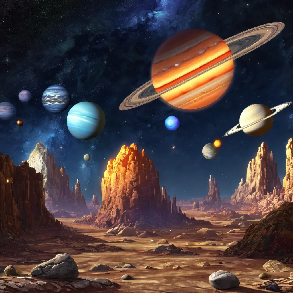 Universe,space, stars,approx six planets, realistic,pixel art, highlight d, 3D view,place,rock, stones,