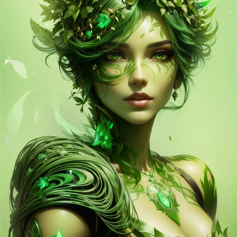 Arafa woman with green hair and a leaf helmet, beautiful digital artwork, artgerm sylvari portrait, beautiful digital art, beautiful and elegant dryad, cute digital painting, beautiful beautiful digital art, beautiful fantasy art portrait, very beautiful digital art, beautiful digital art, beautiful fantasy art, goddess of nature, cute digital painting, stronger body muscles, nice face, leaves around the hair. 