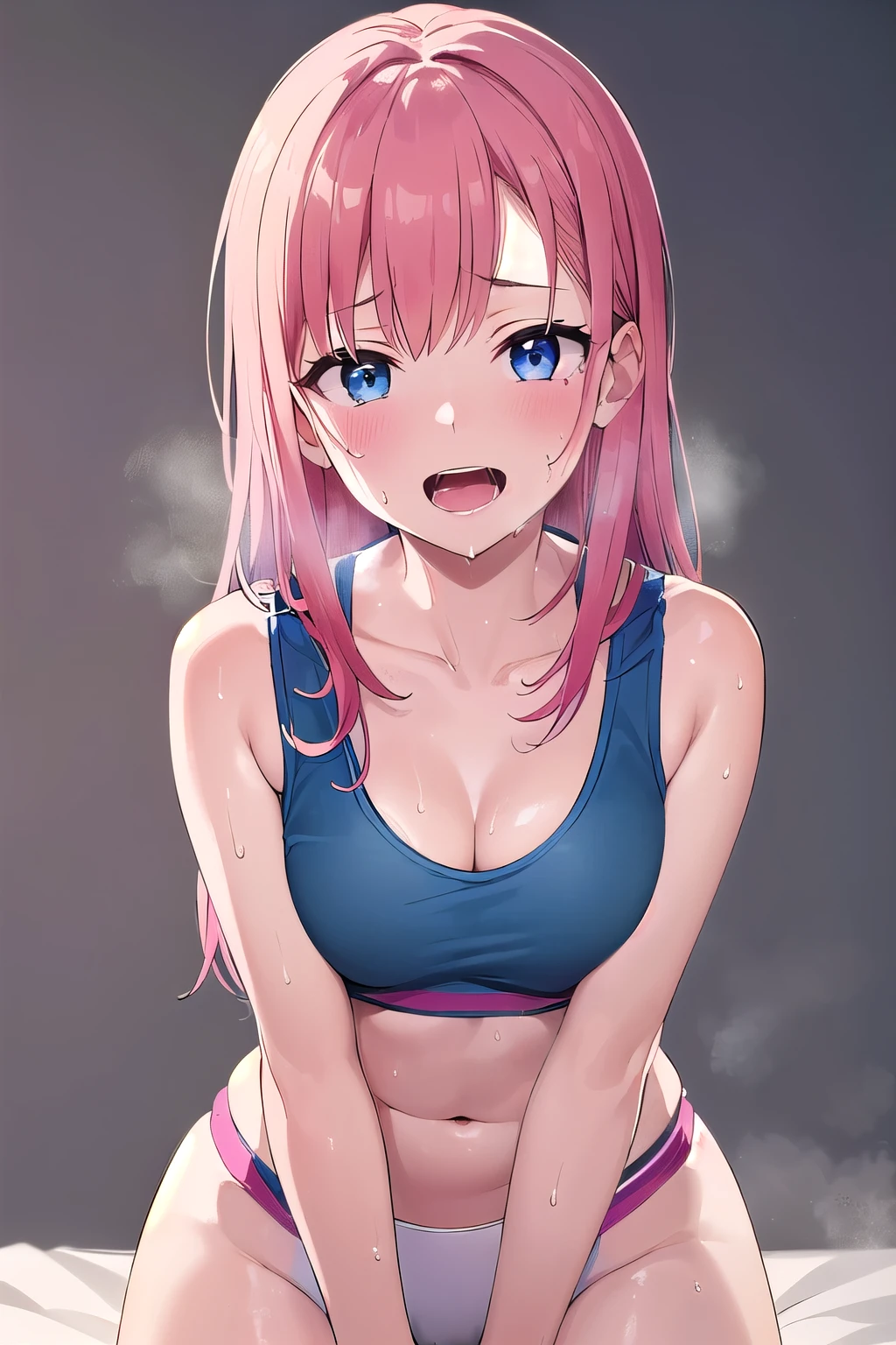 (8K, top-quality, masterpiece:1.2), (reallistic, Photorealsitic:1.37), Super Detail, One girl,), (Highly detailed), (beautifully detailed eyes), (of the highest quality), (super detailed ), (masterpiece), (Detailed face),20yr old, ,1 girl, ((pink hair,long hair)), medium breasts, clothed, Perfect Lighting, BREAK (blue buruma:1.5), (sports bra, fuchsia:1.4), (white quarter socks:1.2), BRAKE (upperbody to thigh:1.3), (smile:1.2), (looking at viewer:1.1), (white background:1.1), BRAKE (sweat:1.5), (steam:1.2), (masturbation:1.2), (girl trembling with sexual climax:1.1), (looking at viewer:1.3), (open mouth:1.2), (NSFW:1.5)