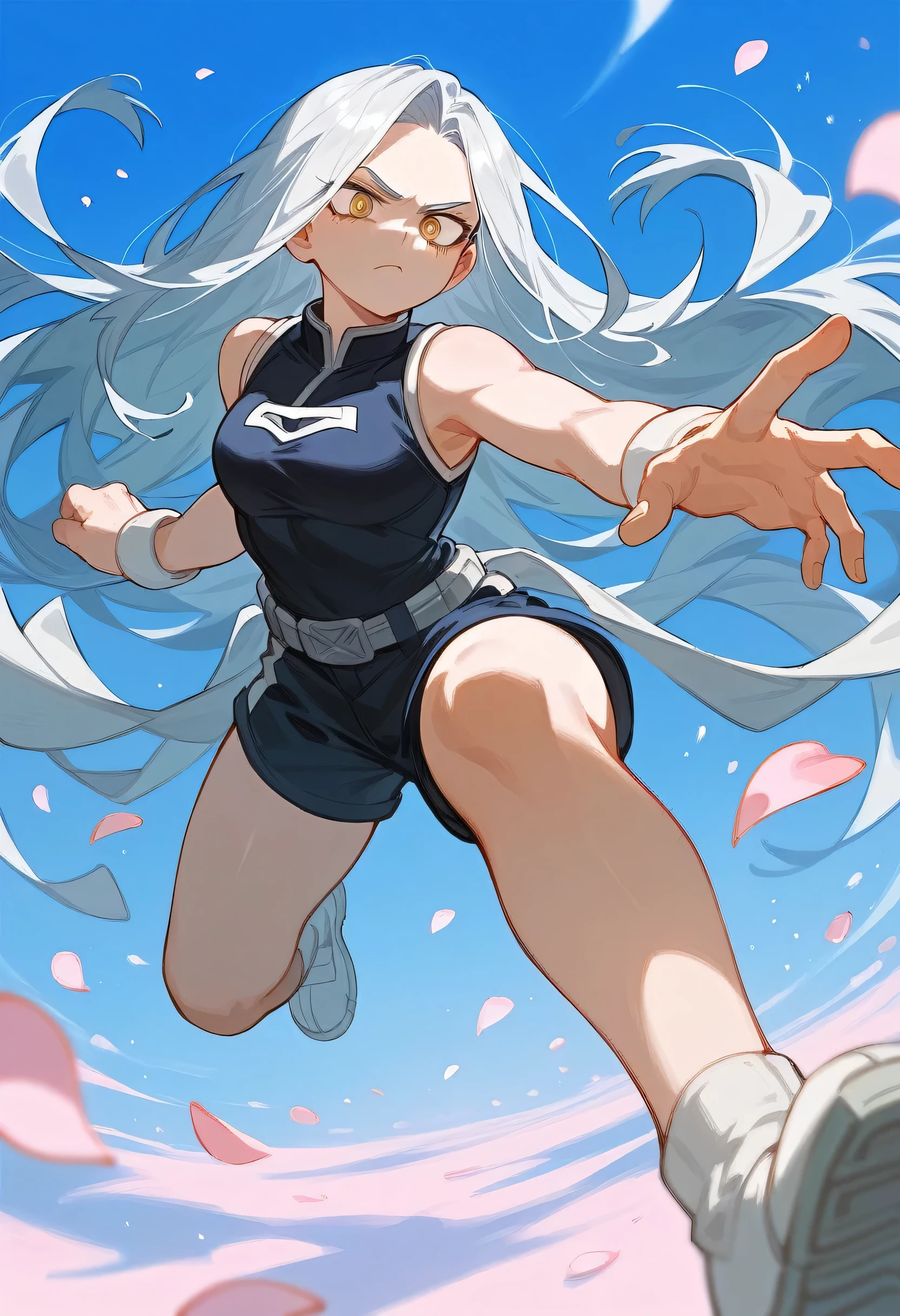 serious background,dynamic pose,My Hero Academia Style, neat black sleeveless, yellow eyes, Gray long hair, light blue petals, good impression, shorts, ((high quality)), Sky blue on the knees+&#39;Shape band, wing-like cloak