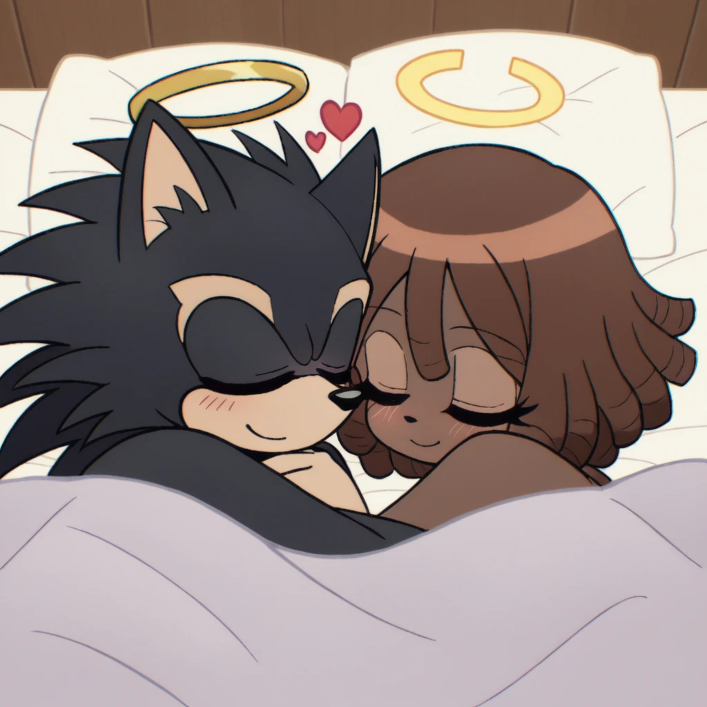 score_9, score_8_up, mobian, female,  hedgehog, two-tone fur ((orange fur, brown fur)), pyjamas, two-tone hair (brown hair, black tip)), curly hair, halo, red eyes, longeyelashes, red eyes, smile, shy, blush, laying in bed, sleeping, hearts, under blankets, smile, mouth closed, closed eyes,  female/male, mobian, anthro wolf, wolf tail, (((black body fur)))+++, (dreadlocks), brown eyes, Wearing Pyjamas, cute, closed eyes,  laying in bed,  hearts