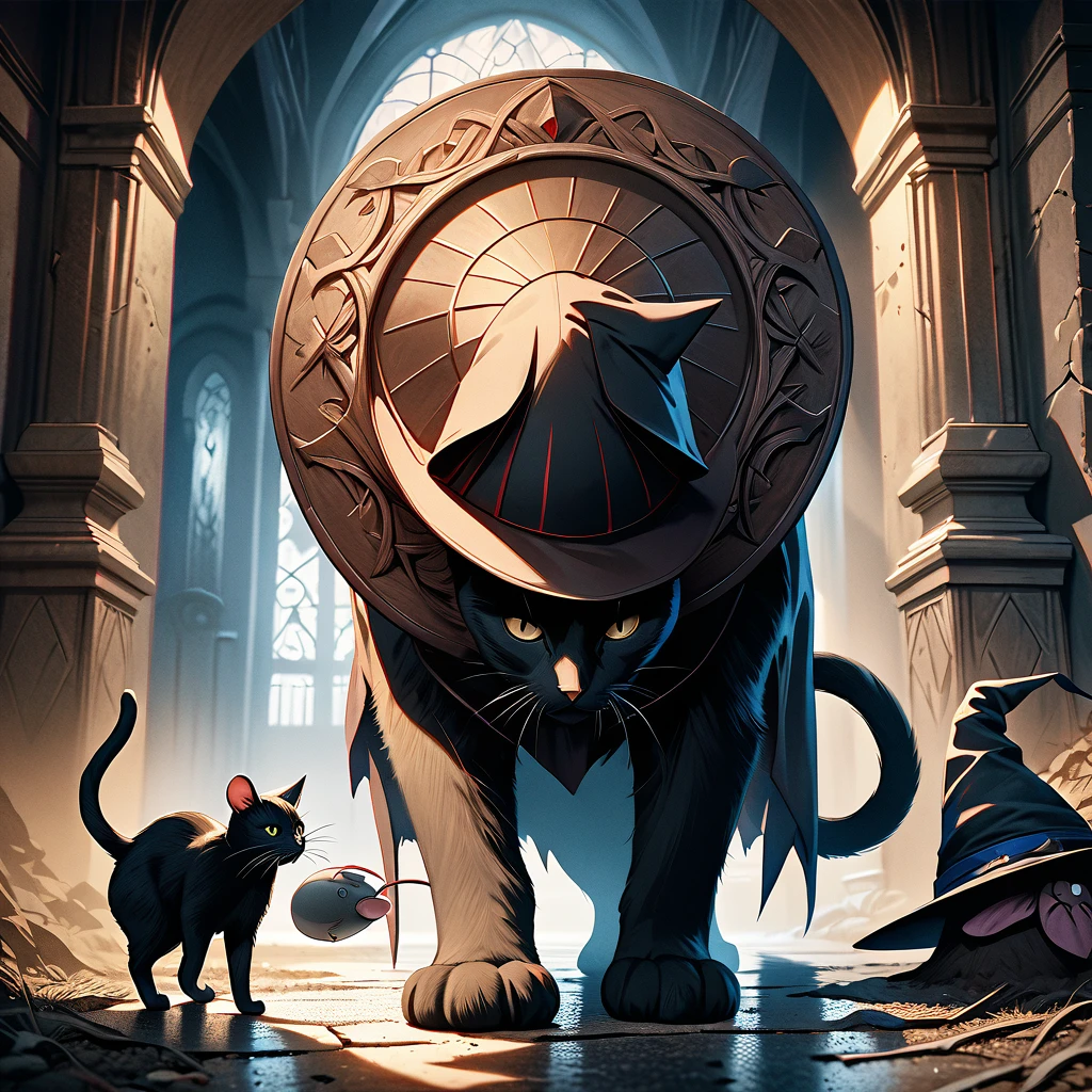 a black cat viciously kills a mouse, an empty wizard's hat lies on the ground, dark fantasy, moody lighting, dramatic shadows, highly detailed, cinematic composition, muted color palette, atmospheric, gritty, realistic textures, intricate details, masterpiece, photorealistic