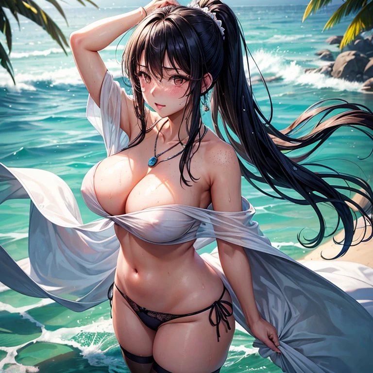 Kaori, Single model, solo, half Asian, half Latino, very long straight black hair, freckles, blushing, wet eyes, long chain pendant, very large heavy , chubby, belly, stretchmarks, ponytail, topless, holding breastsd from rear, looking over shoulder, sheer panties, thigh socks