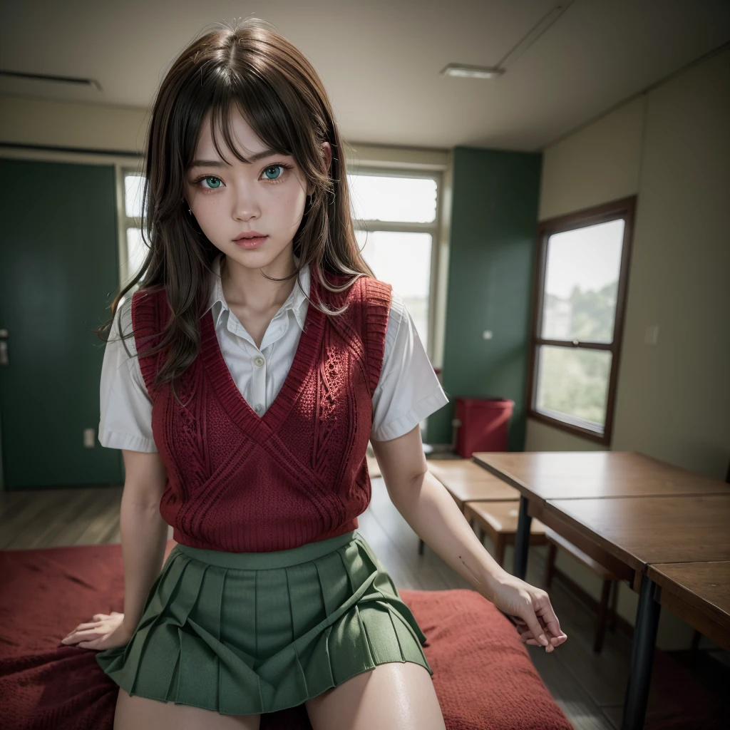 Highest quality, Ultra-high resolution, Highly detailed skin, Physically Based Rendering,Down blouse, Look down,(A 14-year-old Japanese girl sitting on a chair and writing in a notepad, On a small table, A cute bra with detailed embroidery, Overlap blouse, Small breasts, Sensual, From above),(Beautiful messy room background:1.2), In the classroom