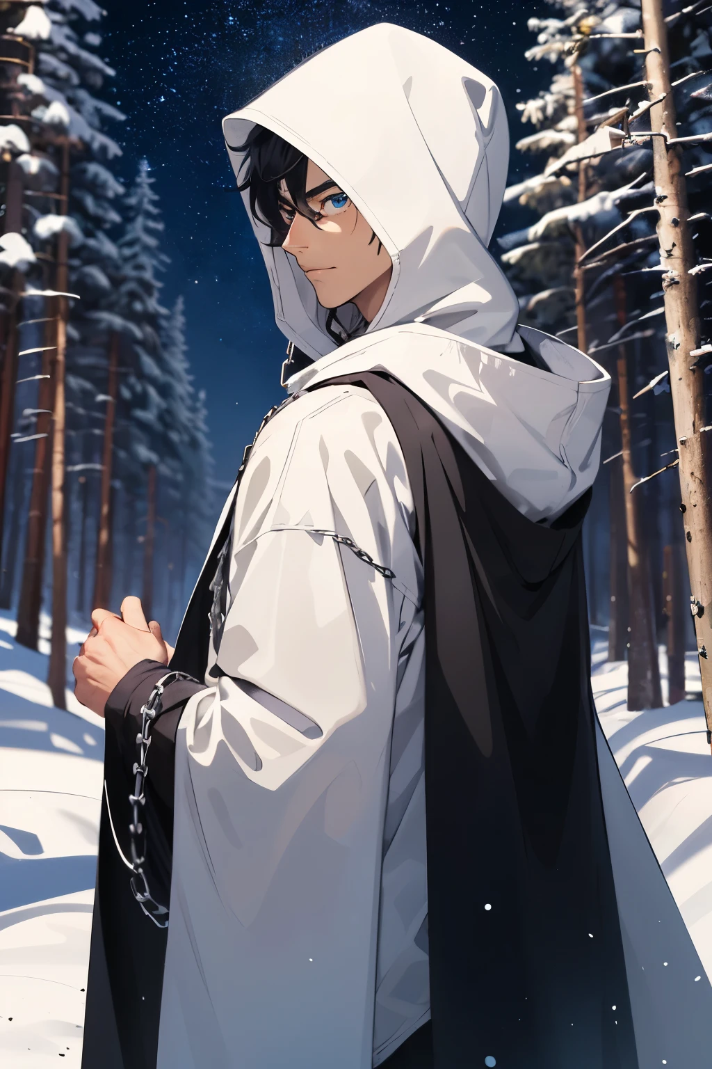 Anime character. A man, he was medieval. 27 years old, large body, unbothered gaze, cold expression, tan skin, short and select back black hair, galaxy blue eyes,white clothes, silver shirt, dark silver cape with hood, several chains. frontal camera. Walking under the blue moonlight. In a Snow White Forest, Iris of the right eye glowing white. Thunderous white lightning. (best quality, 4k, 8k, high resolution, masterpiece: 1.2)
