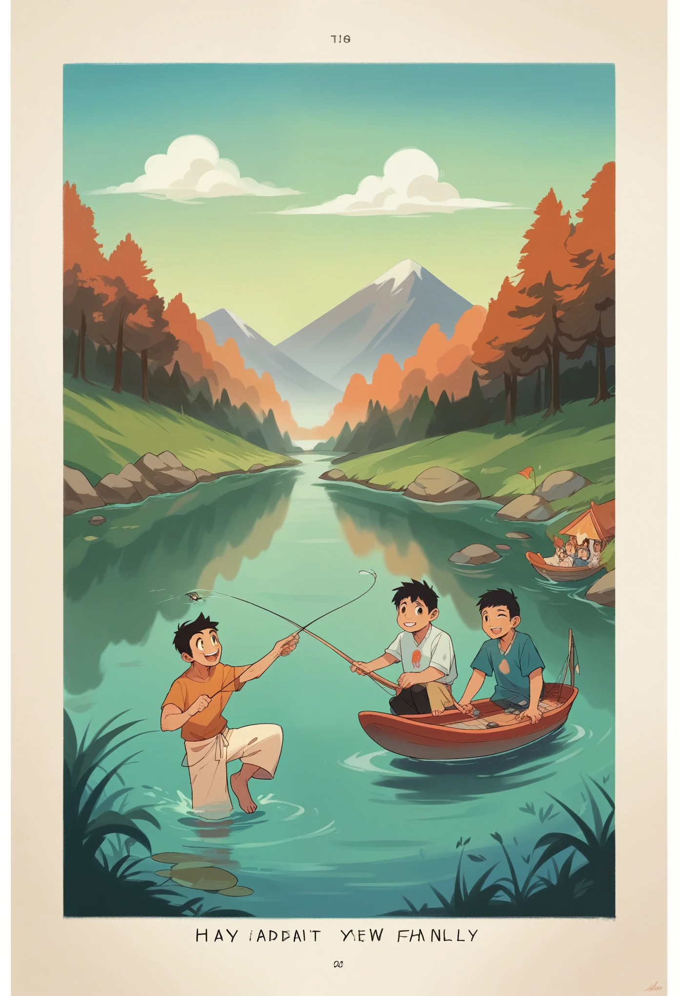 Indonesian family photo poster, stunning surreal design; a 30 year old father with black hair wearing rustic clothes; a 5 year old boy, they are together in a river in the village while fishing, they are happy, love each other, interact with each other, a happy little family, poses of love for each other, they look at the camera, stunning natural scenery, quality photos tall