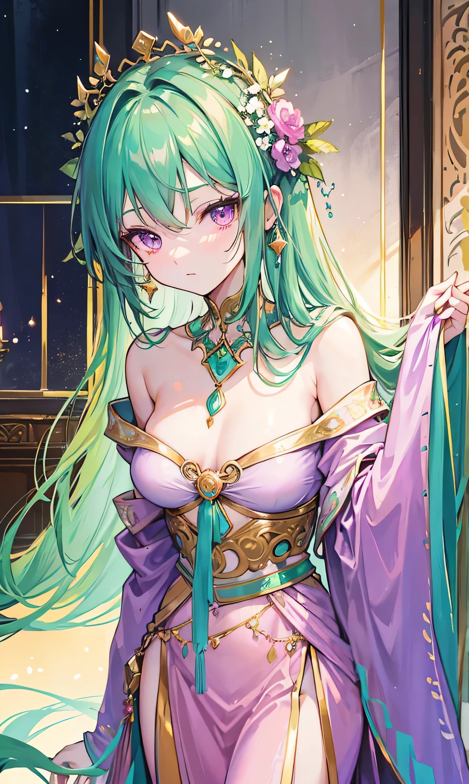 Green brown long hair，Slim, tall, and light as a swallow，Pink purple eyes，Turquoise decoration，Ancient style light soft fresh light green clothes，Brothel Beauty，Enchanting, tender and delicate，Off-shoulder，Keep your head up and your chest out，Love Charm