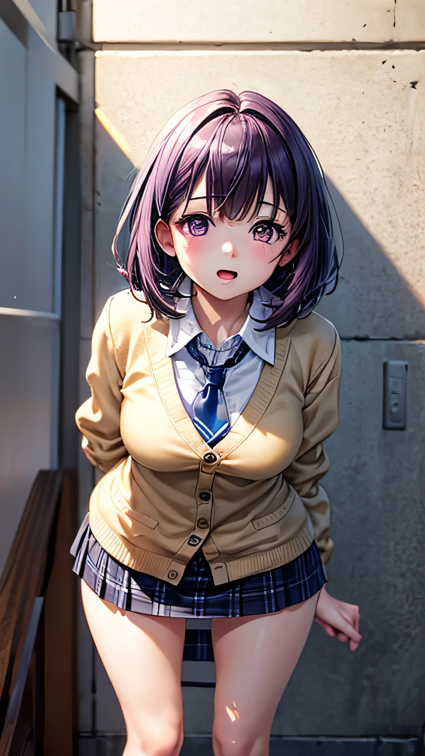 (Very detailed CG Unity 8K 壁紙),(masterpiece), (Highest quality), (Very detailed), (Best illustrations),(Best Shadow), Large Breasts,,Purple eyes and very short purple hair,,Leaning forward、White blouse,Blue tie,Checked mini skirt（Put your panties down）,beige cardigan,Dynamic Angle