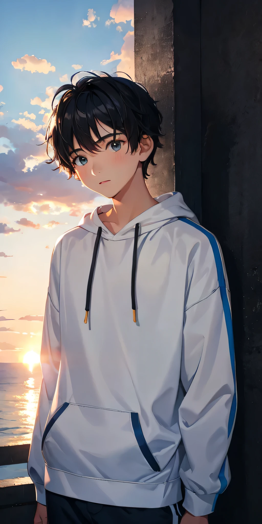 1 age boy in white sweatshirt, thinking at sunset 