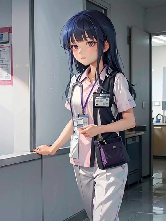 girl, alone, (Full Out Rika), Blue Hair, Purple eyes, Long Hair, blunt bangs, bangs, , Medical scrub、White scrub、Female nurse、Hold in hand、Short sleeve、Long trousers、Name tag, (ID card)、strap, (Stethoscope)、Hospital corridor、Warm lighting、sense of cleanliness