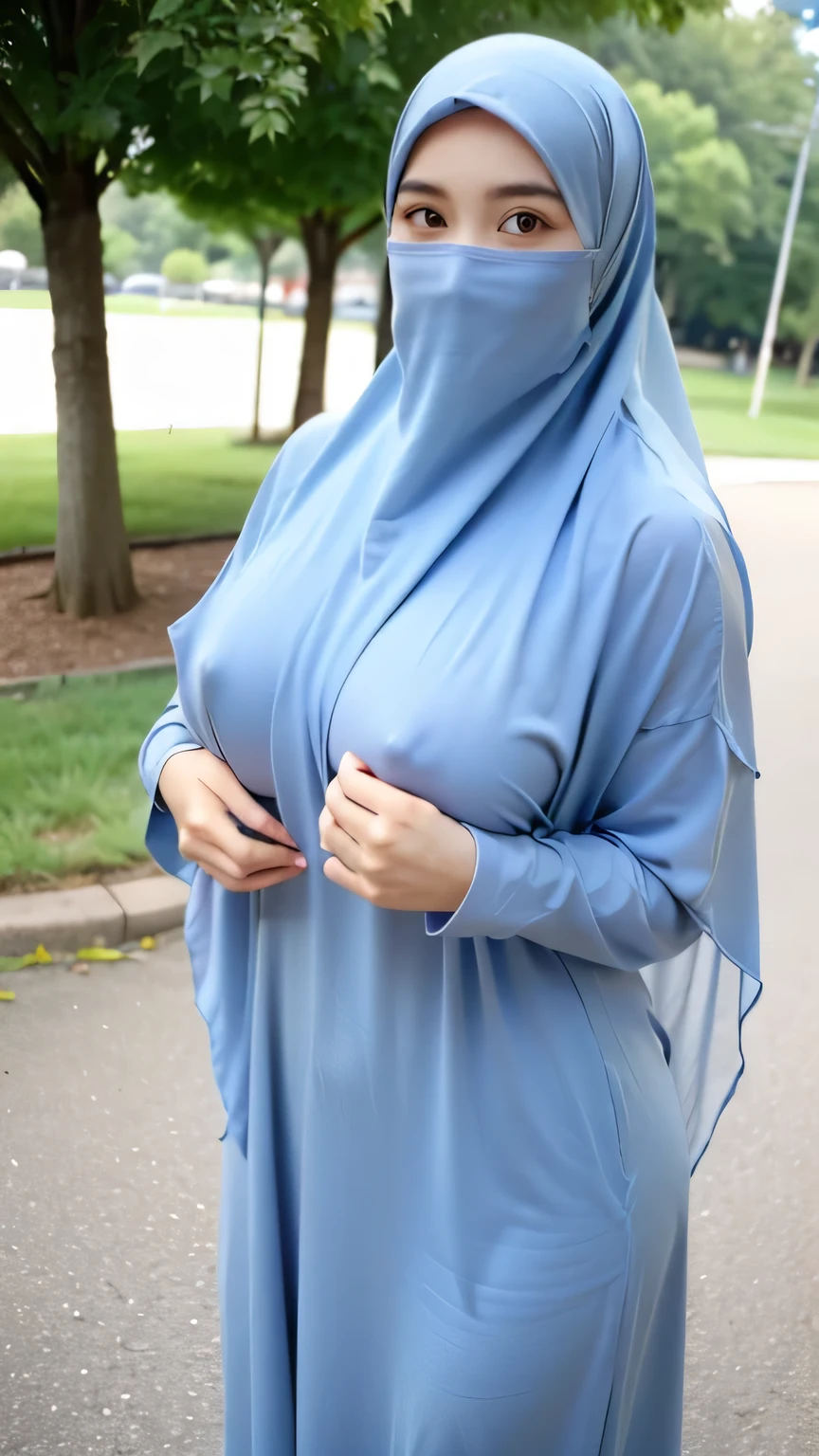  a beautiful young woman hijab, (((super big breast))), (very big breast covered), (Big breast), bare breast, perfect face, (((very huge big breast,))), ((( Big Breast))) long dress muslim, (((covering mouth, long veil))), Slim Face、20 years old, stil young, Pretty Lady,  smile eyes, stand up, (big breast covered) , see full body, batthroom