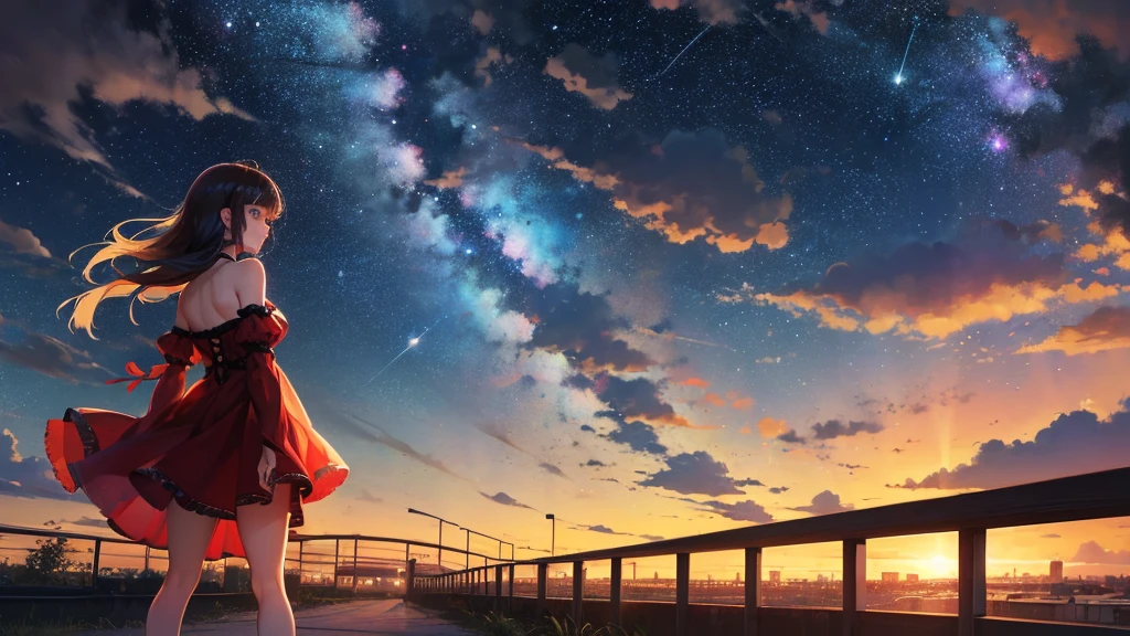 {{{masterpiece}}, {{{Highest quality}, {{Very detailed}}, {shape}, {{an extremely delicate and beautiful}}, beautiful milky way, Night Sky, Wide sky, mysterious, Deep sky, Falling Sky, Traveling woman, Red dress,Rear view, girl looking at Night Sky, Along the way, 8k, Morning is approaching, The sky is about to be swallowed, the Morning is approaching, The night is over, The beginning is near, Deep Darkness, Cinematic, mysterious, wonderful, beautiful,