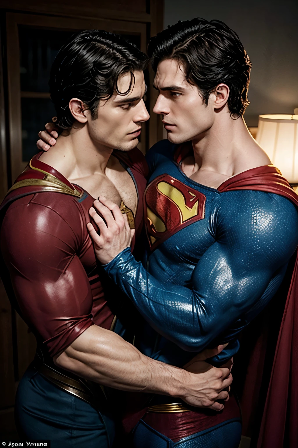 Henry Cavill dressed as Superman having sex with another man, well-built, handsome and light skin.