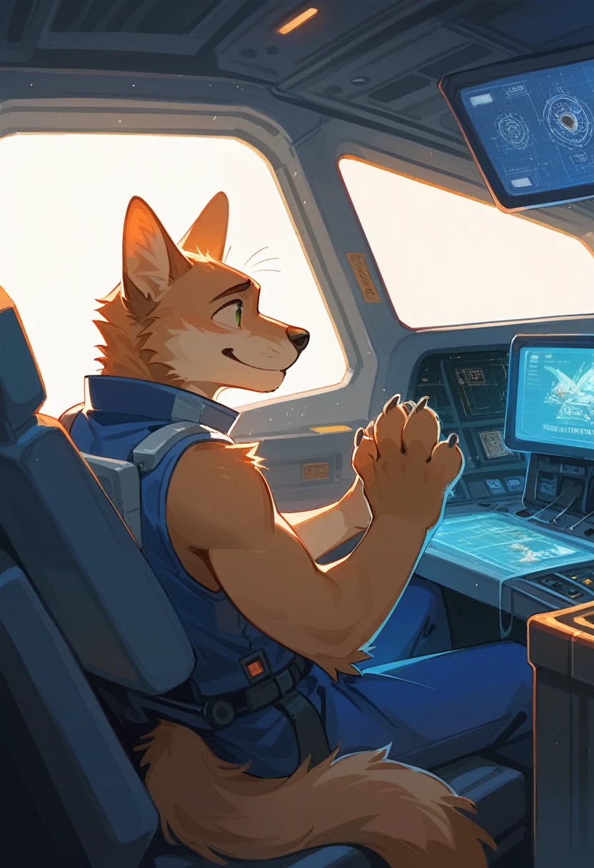 cover page, top quality, best quality, High-quality illustrations, masterpiece, absurdres, perfect anatomy, male only, furry, couple drawing)sitting in a spacious spaceship's cockpit(fixing an emergency error on the motherboard, panic lights, small build, tail, visible fur paws, backlit)crash landing, warning screens,