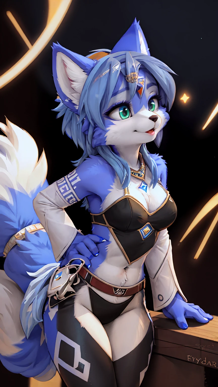 A beautiful and detailed (sweet portrait) wa ((krystal)), Star Fox krystal, sslim, green eyes, medium breasts, (((Long blue hair 1.3))), Decollete, look up, anthro, furry, Uploaded E621, detailed fluffy fur, (wa Fluff-Kevlar, Bayard Wu, personalize me, Pino Daeni), detailed face, (fluffy), 1 girl, alone, Sweet young girl,