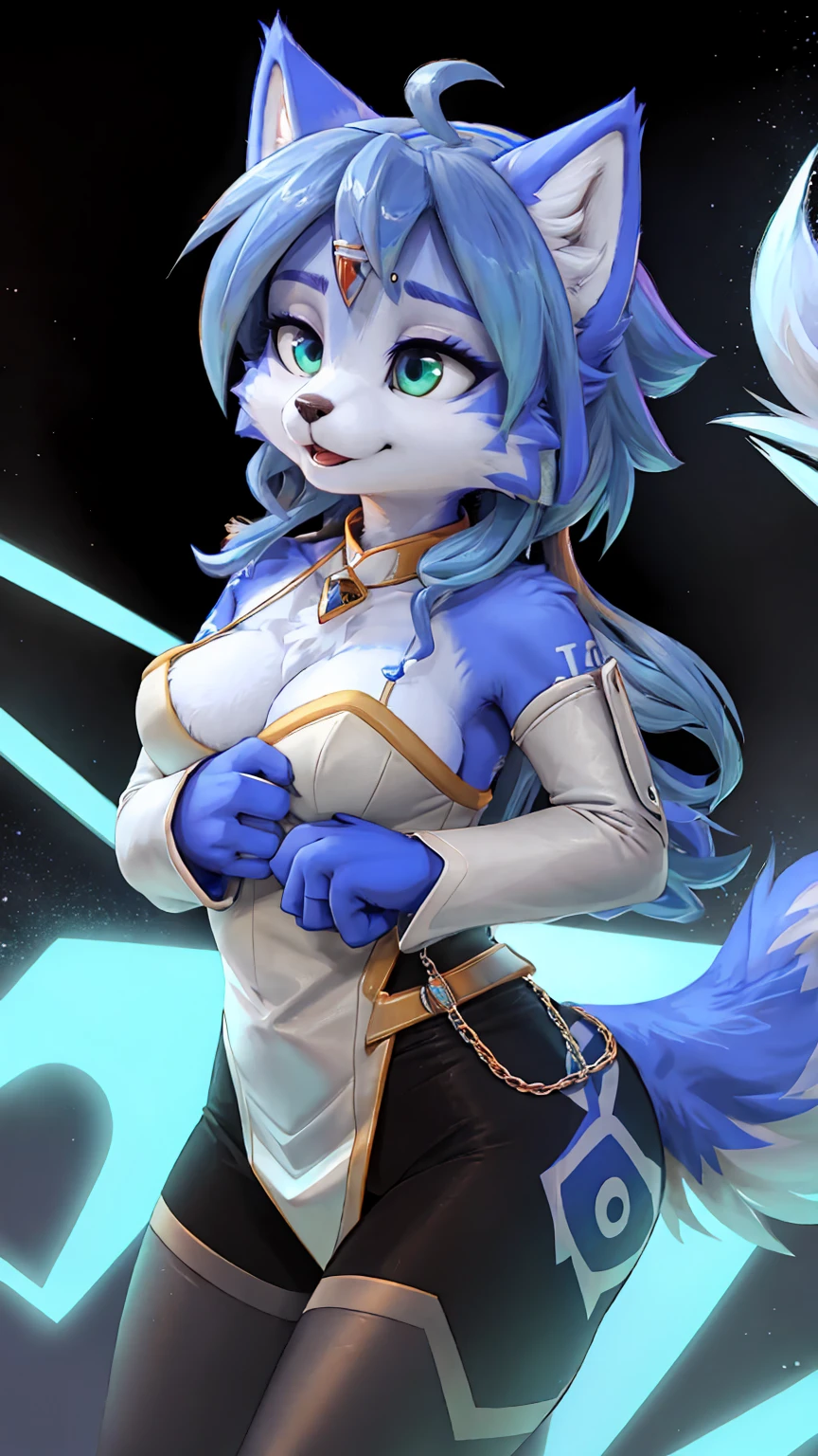 A beautiful and detailed (sweet portrait) wa ((krystal)), Star Fox krystal, sslim, green eyes, medium breasts, (((Long blue hair 1.3))), Decollete, look up, anthro, furry, Uploaded E621, detailed fluffy fur, (wa Fluff-Kevlar, Bayard Wu, personalize me, Pino Daeni), detailed face, (fluffy), 1 girl, alone, Sweet young girl,