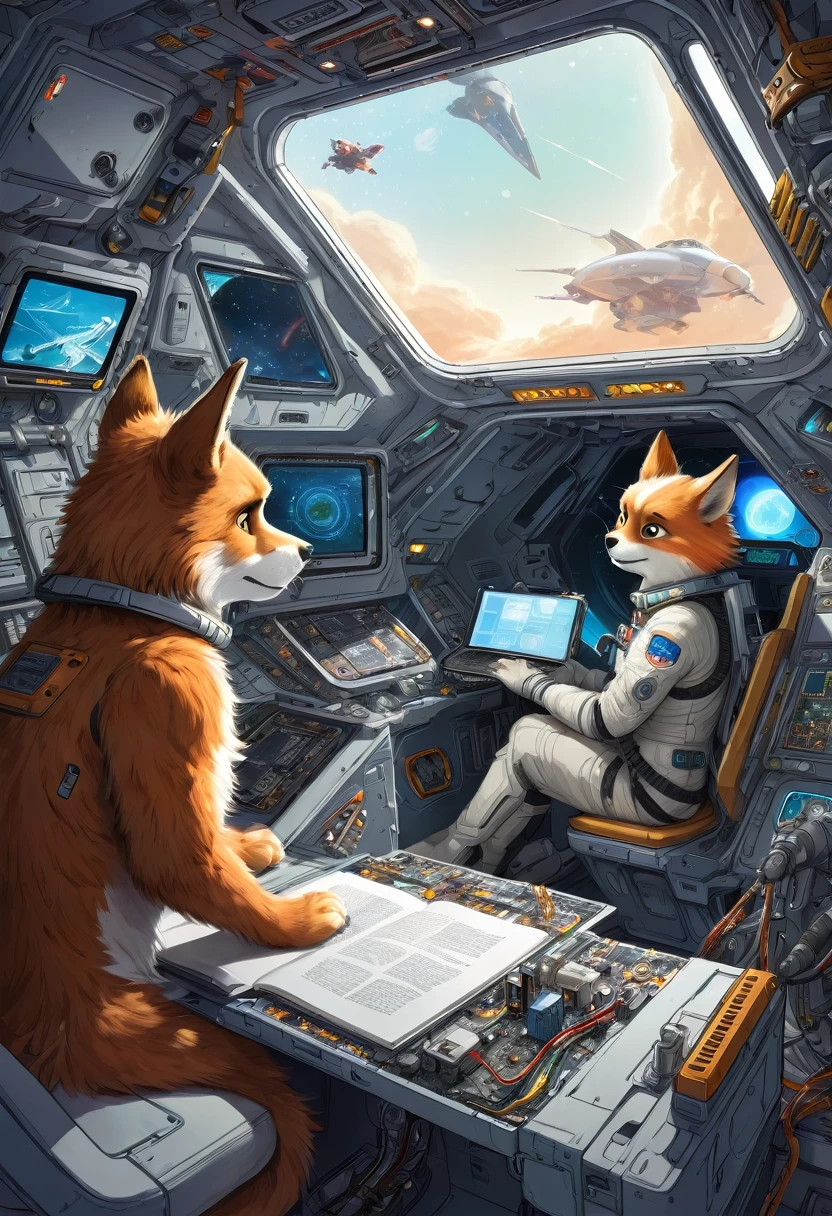 cover page, top quality, best quality, High-quality illustrations, masterpiece, absurdres, perfect anatomy, male only, furry, couple drawing)sitting in a spacious spaceship's cockpit(fixing an emergency error on the motherboard, panic lights, small build, tail, visible fur paws, backlit)crash landing, warning screens,