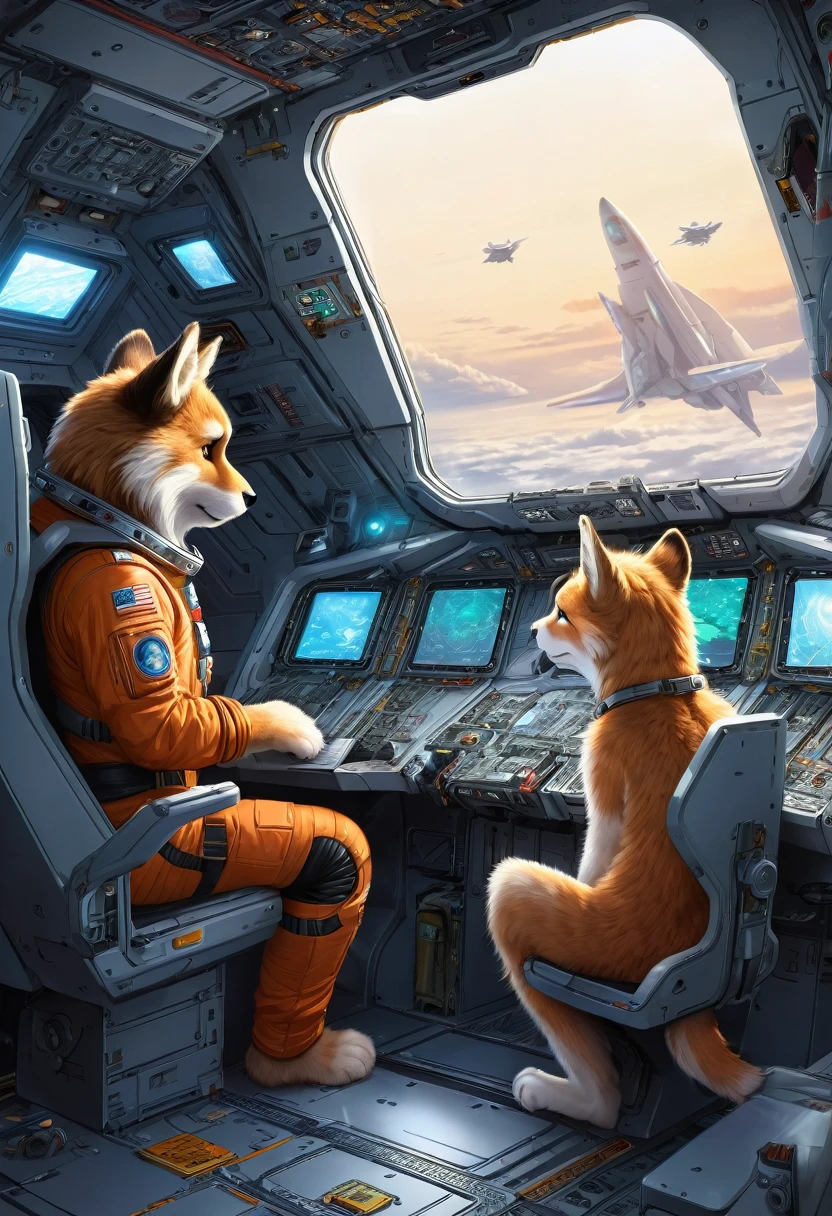 cover page, top quality, best quality, High-quality illustrations, masterpiece, absurdres, perfect anatomy, male only, furry, couple drawing)sitting in a spacious spaceship's cockpit(fixing an emergency error on the motherboard, panic lights, small build, tail, visible fur paws, backlit)crash landing, warning screens,
