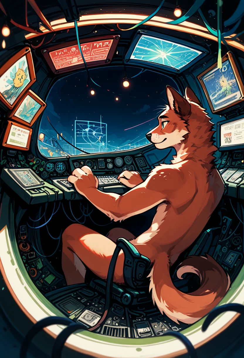 cover page, top quality, best quality, High-quality illustrations, masterpiece, absurdres, perfect anatomy, male only, furry, couple drawing)sitting in a spacious spaceship's pit(fixing an emergency error on the motherboard, panic lights, small build, tail, visible fur paws, backlit)crash landing, warning screens,