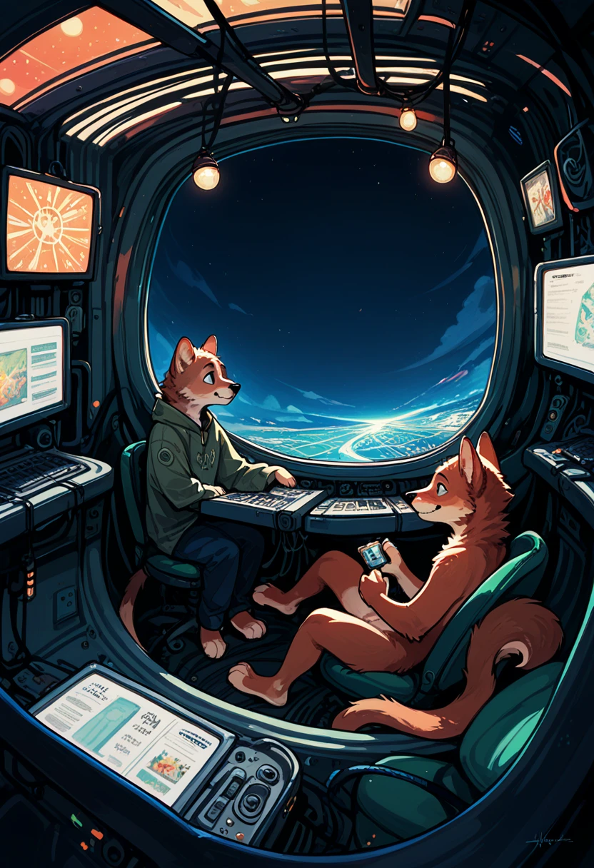 cover page, top quality, best quality, High-quality illustrations, masterpiece, absurdres, perfect anatomy, male only, furry, couple drawing)sitting in a spacious spaceship's cockpit(fixing an emergency error on the motherboard, panic lights, small build, tail, visible fur paws, backlit)crash landing, warning screens,