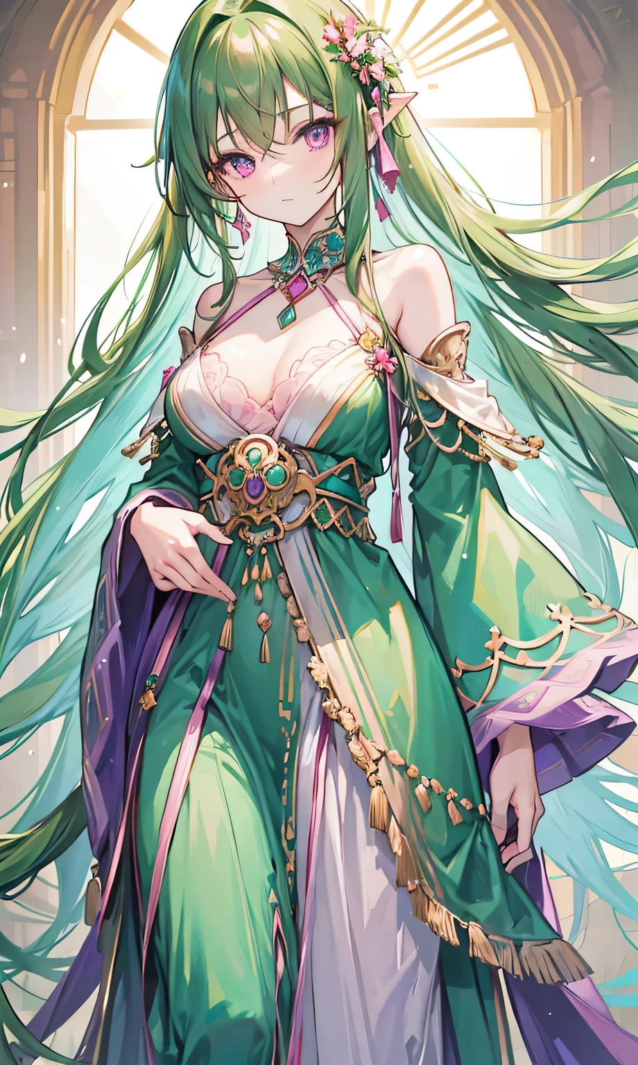 Green brown long hair,Slim, tall, and light as a swallow,Pink purple eyes,Turquoise decoration,Ancient style light soft fresh light green clothes,Brothel Beauty,Enchanting, tender and delicate,Off-shoulder,Keep your head up and your chest out,Love Charm