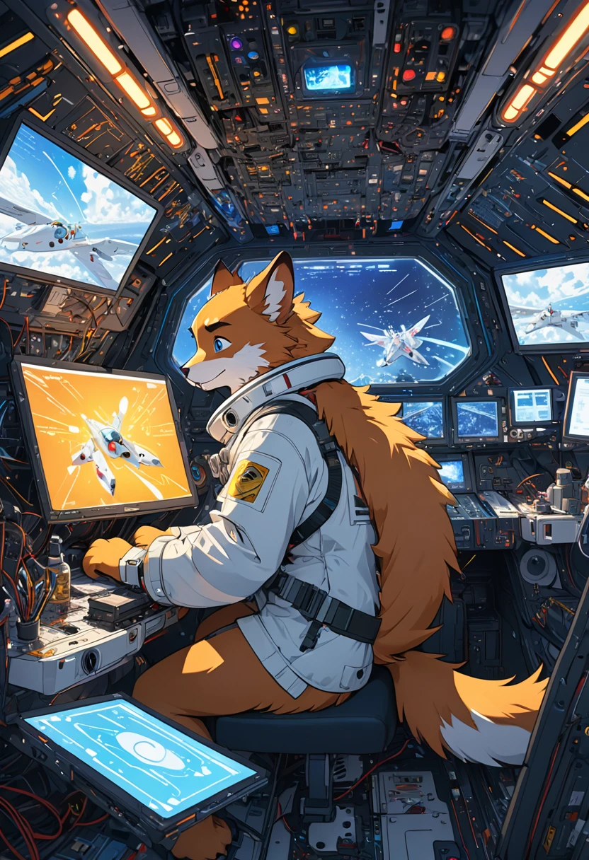cover page, top quality, best quality, High-quality illustrations, masterpiece, absurdres, perfect anatomy, male only, furry, couple drawing)sitting in a spacious spaceship's cockpit(fixing an emergency error on the motherboard, panic lights, small build, tail, visible fur paws, backlit)crash landing, warning screens,