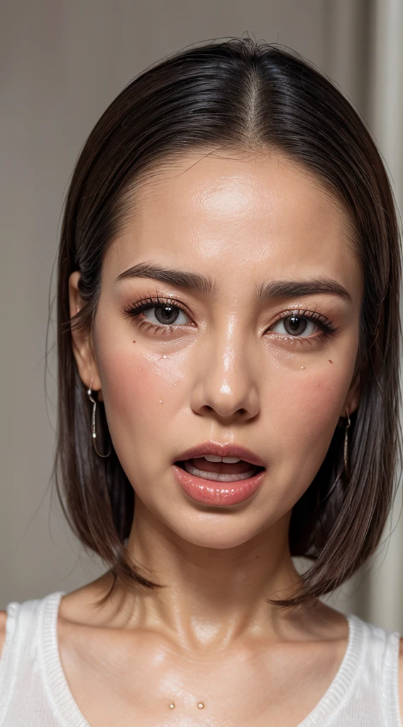 Highly detailed CG Unity 8k wallpaper, of the highest quality, masterpiece, (Realistic,Photorealistic,Photorealsitic:1.37)、(((Realistic skin texture、skin pores))),,Ultra-fine painting,Sharp Focus,Physically-based rendering,extreme detail description,Professional,Vibrant colors,,High resolution, High level image quality, high detail, masterpiece, rough skin, anatomically correct, sharp,((japanese mature, 55 years old)), alone, ((close your eyes and open your mouth :1.3))、(Strong orgasm)、(facial wrinkles), good shape ,big breasts,,((Raise your arms and exposed armpits))、((Strong orgasm :1)),wrinkles between eyebrows、(sleeveless knit:1.3)、((skin shining with sweat、Arms glistening with sweat、face shining with sweat,)),((soakingwetclothes)),((big breasts))、(((get sweaty))),(((vulgar、sexy、glossy skin)))、(((wet short hair))),(sweating skin),(sweating body),(wetting skin),(wetting body),(necklace、earring),(mature woman),(oiled skin:1),,(((heavy makeup))),(detailed face :1.3), obeying pain, moaning in pain, grimaces of pain,Moaning in pain, feeling pain, tears flowing, sore, crying in pain,((shouting :1.2))
