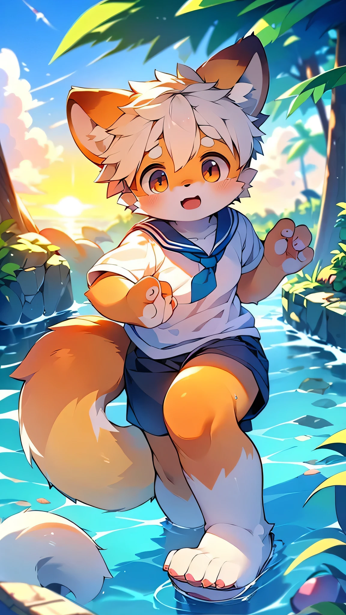 Red Panda Boy,School,student,Sailor Uniform Ultra Thin,Exact details,4K ultra-vivid,Cute Face,Fluffy fur,Furry,Water Play,swimming,Ocean,Cute art style in anime,Pixiv Contest Winners,(Cheerful teenager,13 years old:1.3)sunset,single,alone
