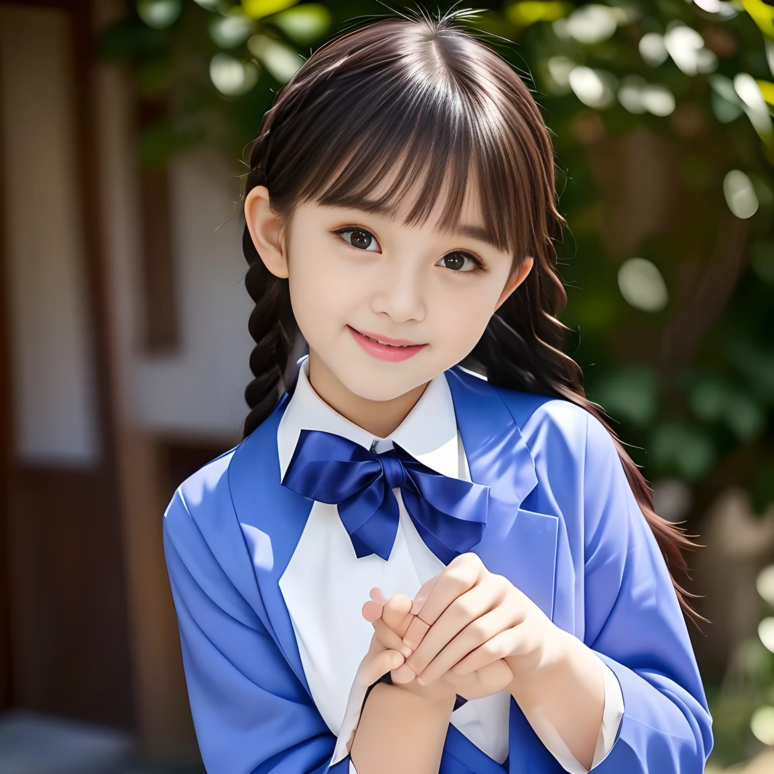 (Highest quality, masterpiece:1.2), Highest quality, High resolution, 1080P, 8k, height: 158cm, ((A noble, graceful and intelligent  Japanese young idle who has a best proportion)), ((So sweet, very noble, neat, and pretty 14yoapanese beautiful girl)), ((A real, very girly, sweet, cute and noble Japanese actress)), ((((A beautiful Japanese 14yo ce fashion magazine's model)))), ((((Very pure white face and limbs)))), Glossy Lips, (Evenly cut curled bangs), ((Very beautiful, droopy, cute, pure, noble brown eyes)), ((Super long, black tightly tied twin braids hair )), ((braids of the same length)) (Very shiny, glossy Lips), ((Beautiful straight hair like a school promotion model)), Watch at you, ((Incredibly well organized, Rich facial expressions)), ((Plump and beautiful white skin and face)), ((Pure, clear, gentle brown eyes)), ((staring at me)), Glossy Lips, ((Noble and elegant)), Very beautiful blue skirt, ((Large upward-curving lips)), ((((Navy Japanese school blazer with noble golden emblem)))), ((Navy and sapphire blue Japanese school uniform)), ((Tartan check pattern dark blue pleated long skirt)), ((Cobalt blue string chest ribbon)), ((((An ecstatic expression of boundless joy)))), (((Beauty and fashion magazine for young girls))), (Pretty eyes and faces with detailed:1.6), ((Cute beautiful knees)), ((Well-shaped ample breasts)), ((putting both hands on cheeks and giggling)) 