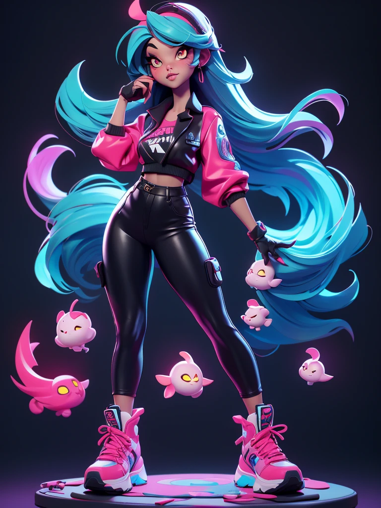 A gorgeous hip-hop girl, orange neon crop shirt, black neon pants, graffiti, emissive, bloom