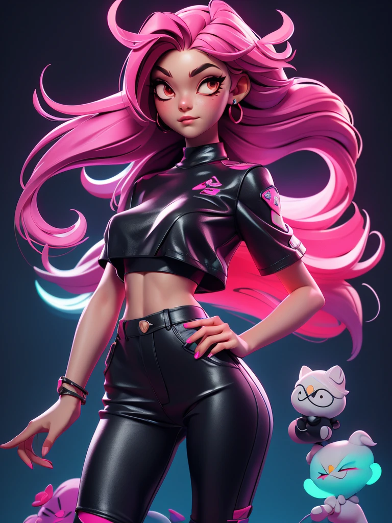 A gorgeous hip-hop girl, orange neon crop shirt, black neon pants, graffiti, emissive, bloom