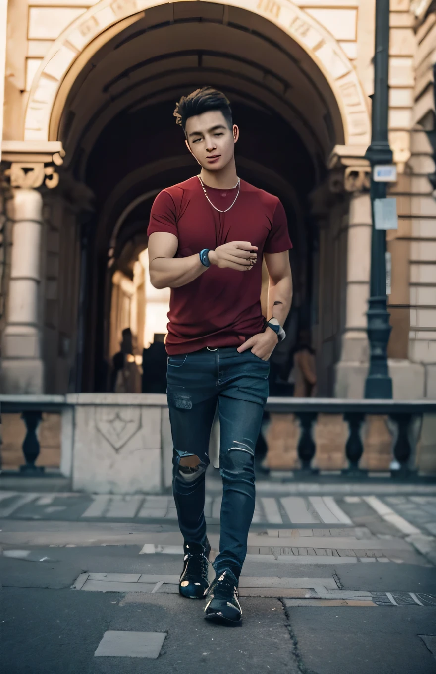Change background building and red light and. Yellow color shirt and hair styles and day click photo handsome boy cute boy realistic face hd photo ultra high quality 4k photo