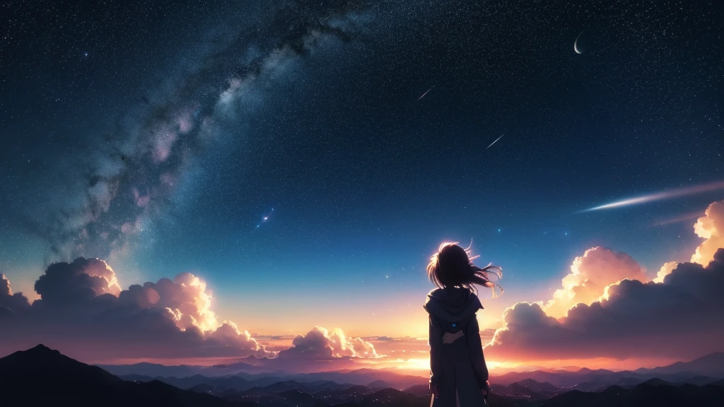 Anime wallpaper of a girl looking at the sky and stars, Space Sky. by makoto shinkai, anime art wallpaper 4k, anime art wallpaper 4k, Anime Art Wallpapers 8K, Anime Sky, Awesome Wallpapers, anime wallpaper 4k, anime wallpaper 4k, 4k anime wallpaper, Makoto Shinkai Cyril Rolland, Anime Background Art