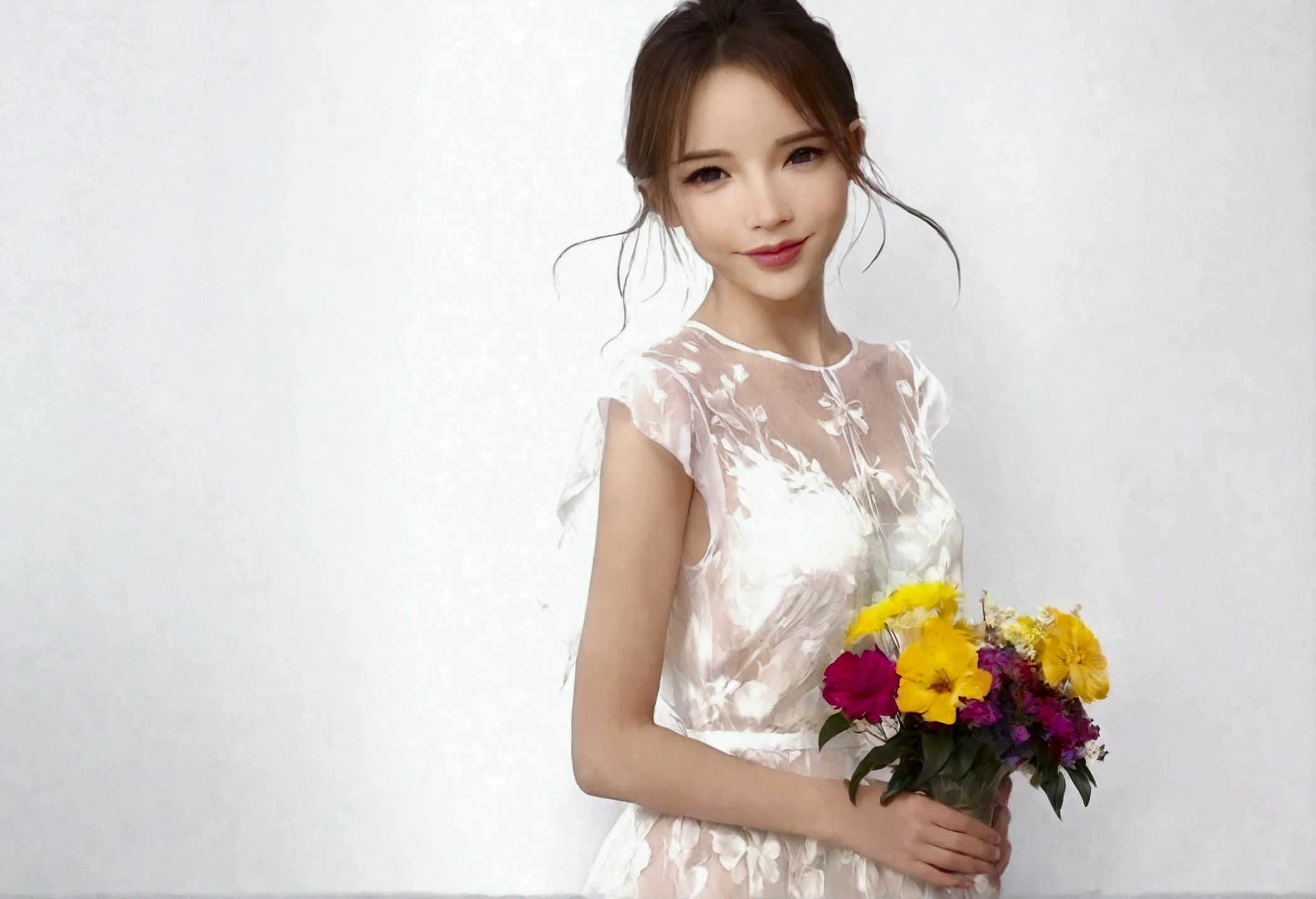 A lovely woman (simple sheer dress, joyous expression, pure love), posing near a flower vase, plain white room backdrop, well lit