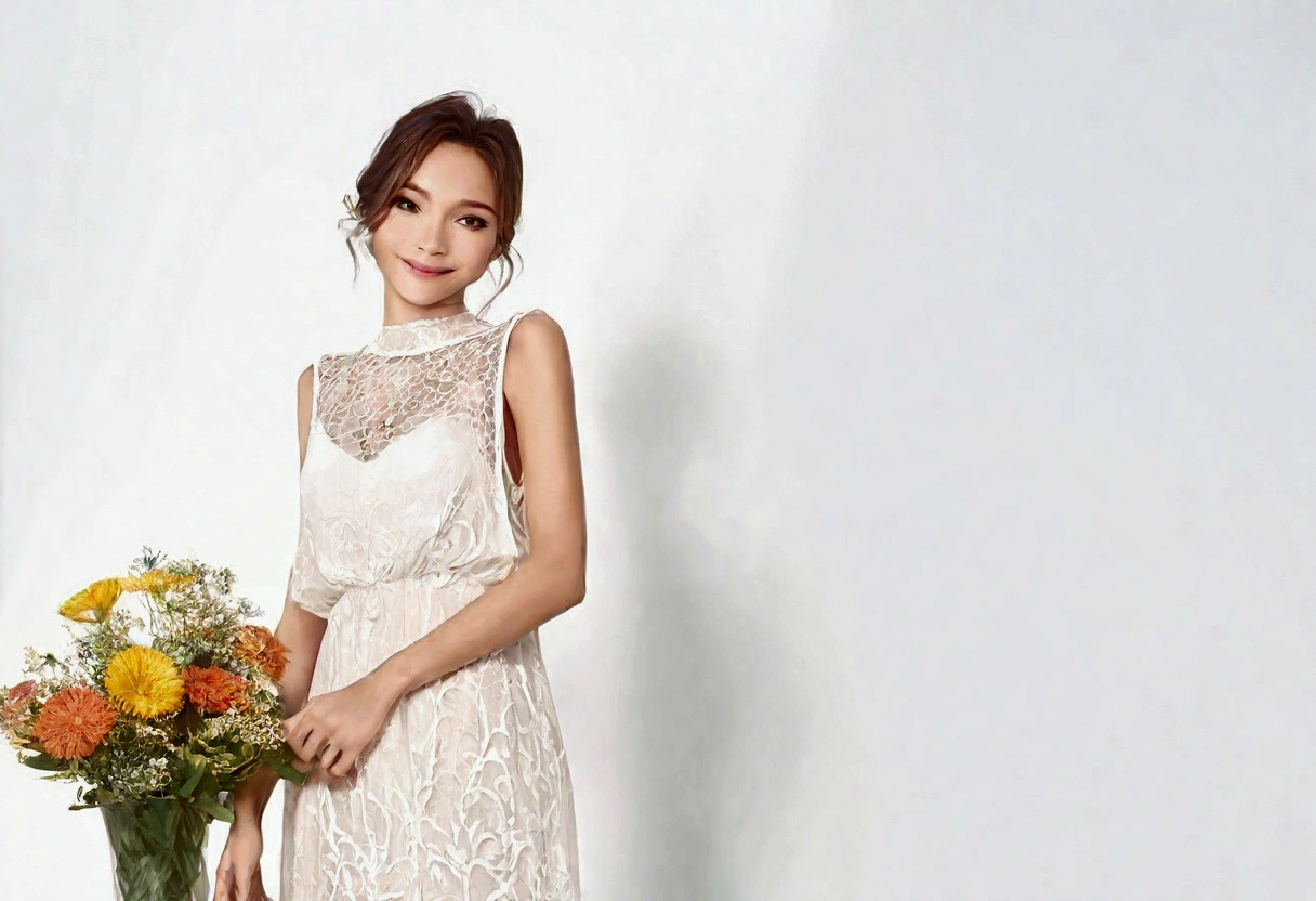 A lovely woman (simple sheer dress, joyous expression, pure love), posing near a flower vase, plain white room backdrop, well lit