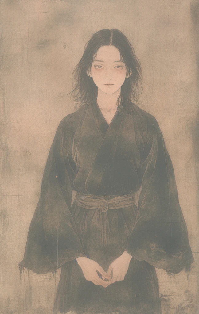 "Create cute cartoon-style drawings, 7 year old Japan girl smiling little, Similar to Blythe Doll. She wears a kimono, Brunette is styled as Bob, black eyes, Cute little nose, and slender figure. The girl stood facing forward，Hang your hands on your sides, Foot straight, And the legs are facing forward.full body esbian，barefoot bob hair.shoot at medium range"
