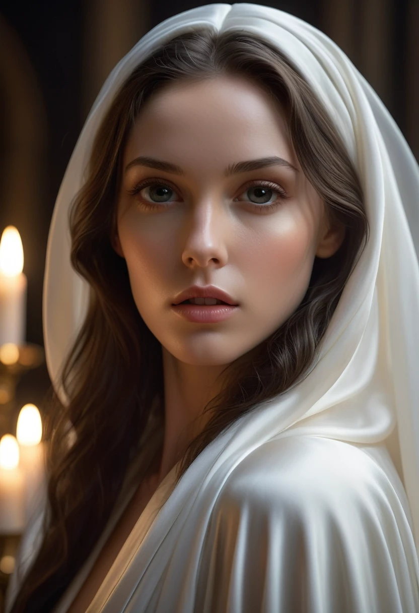 (best quality,4k,8k,highres,masterpiece:1.2), ultra-detailed, (realistic,photorealistic,photo-realistic:1.37), In the flickering candlelight of a dimly lit cathedral, there stands a figure that strikes a curious balance between beauty and malevolence. Her form is draped in flowing robes of pure white silk, drawing the eye with its ethereal grace.
Her face, framed by a simple white wimple, is a study in contrasts. High cheekbones and delicate features give her an air of angelic serenity, sexy, sexy, sexy, sexy, sexy, sexy, sexy, sexy, nude, nude, nude